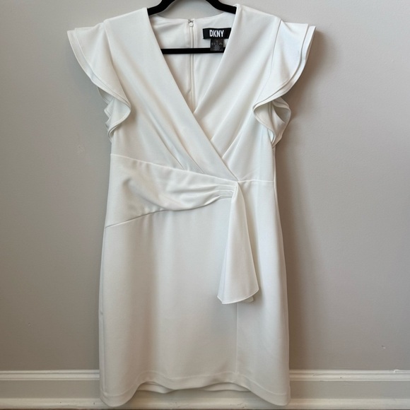 DKNY V-Neck Flutter Sleeve Solid Tie Waist Dress Wedding Summer Ivory Sz 10 - Picture 2 of 13